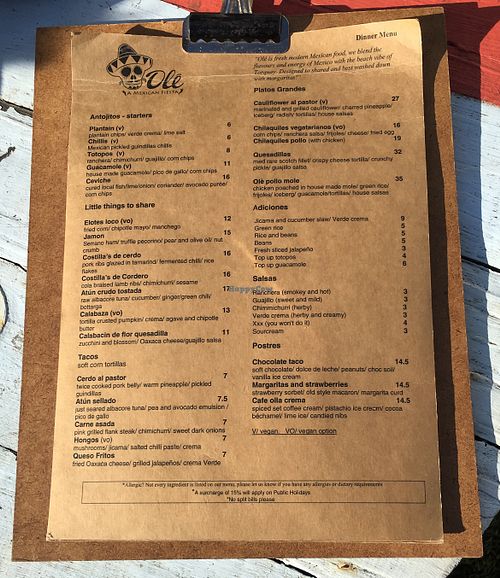 Menu July 2018. V= Vegan, V/O= Vegan Option available  at Olé in Torquay