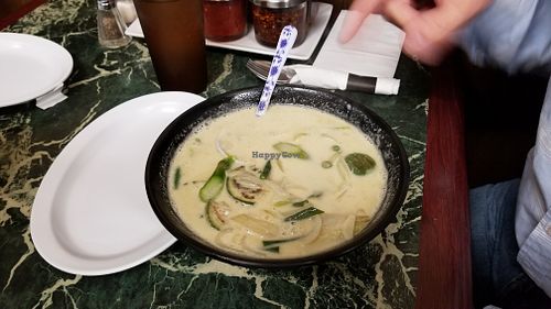 Vegan traditional red Thai curry with eggplant, bamboo shoots, coconut milk and mild red curry. at KB's Thai Hut in Sacramento