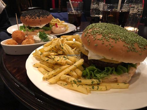 Seitanic burger and cheese balls - yummy! at Veganaes in Reykjavik