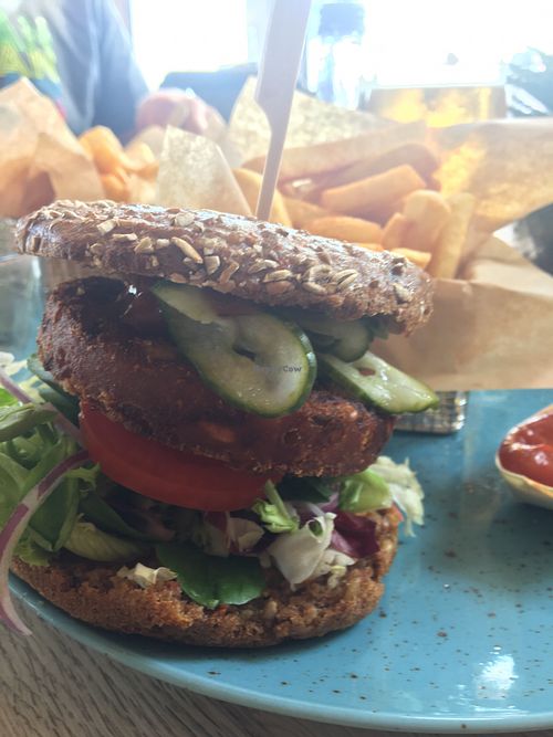 The vegan burger with fries and ketchup. at Café Fru Dax in Romo