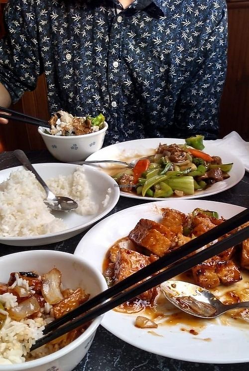 Orange tofu and mock duck/vegetable stir fry. at Camdi in Minneapolis