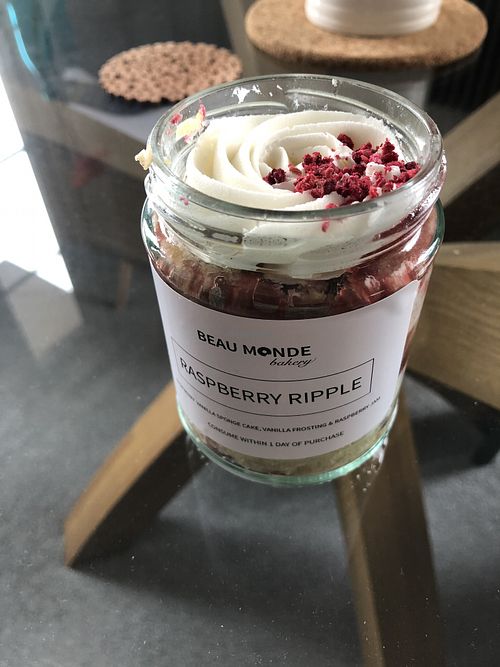 Raspberry ripple cake in a jar at Beau Monde Bakery in Penarth