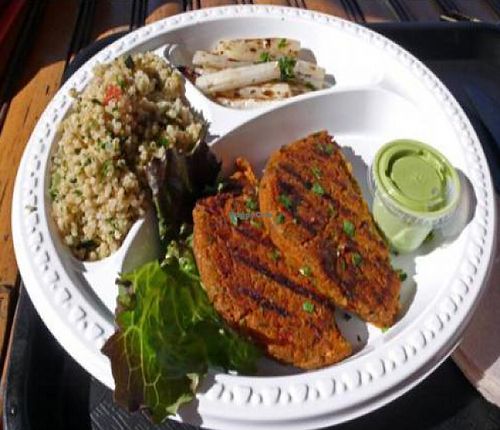 Veggie delight: vegan macrobiotic tofu-grain patty with pesto sauce at HealthyCA in North Hollywood