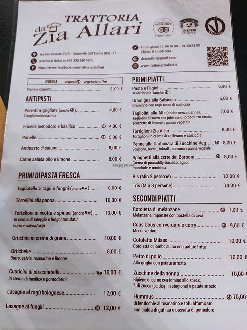 Menu at Trattoria da Zia Allari in Granarolo Dellemilia