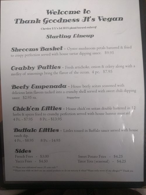 Starter Menu at Thank Goodness It's Vegan in Goshen