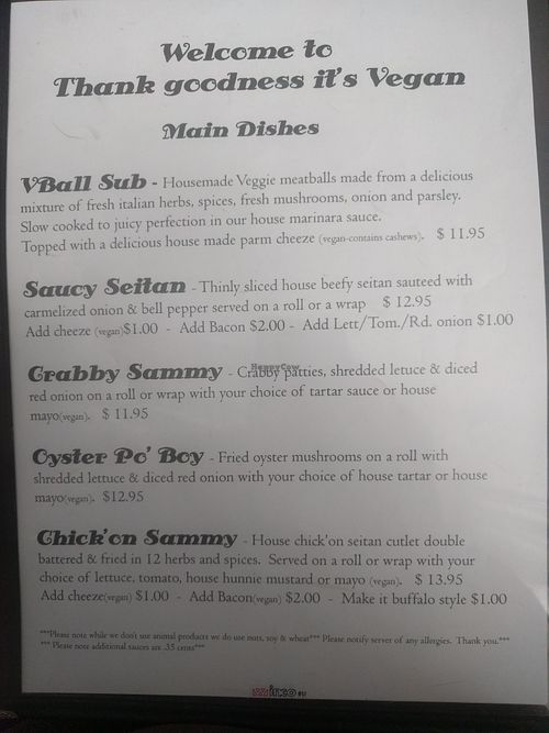 Main Dish Menu at Thank Goodness It's Vegan in Goshen