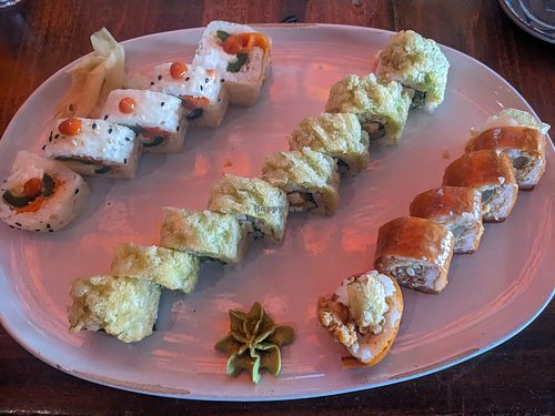 L to R: Vegan hot popper, crunchy cabbage, and cowgirl (my fave roll) at Blue Sushi Sake Grill - Uptown in Dallas