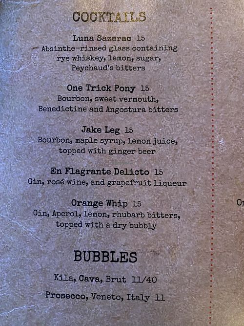 Cocktail menu - whiskey and gin  at Terra Luna in North Truro