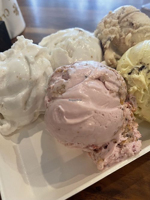 Vegan strawberry crunch (foreground ) #Veganuary at Clementine's Naughty & Nice Creamery in Clayton