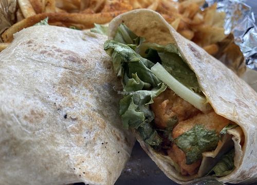 Boolin Buffalo Wrap made with cauliflower not Gardein chkn as the menu described   at Trio Plant-Based in Minneapolis