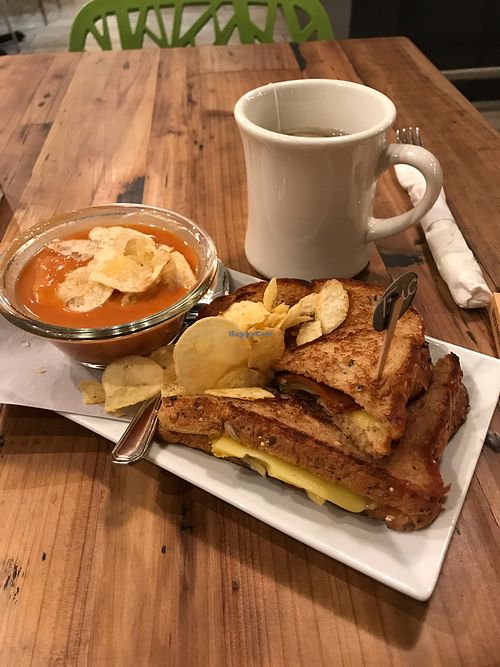 Grilled ham & cheese, and tomato soup at Trio Plant-Based in Minneapolis