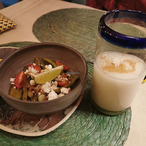 L: ensalada de nopales R: horchata at Mezcal Bar in Krems An Der Donau