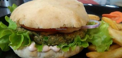 Vegan gluten free burger with vegan cheese and fries at Glutenno in Zagreb