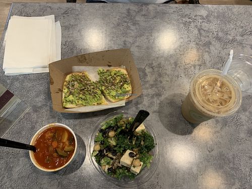 Veggie lover salad, tomato & garden veggie soup, and avo toast at Nole Cafe in Patchogue