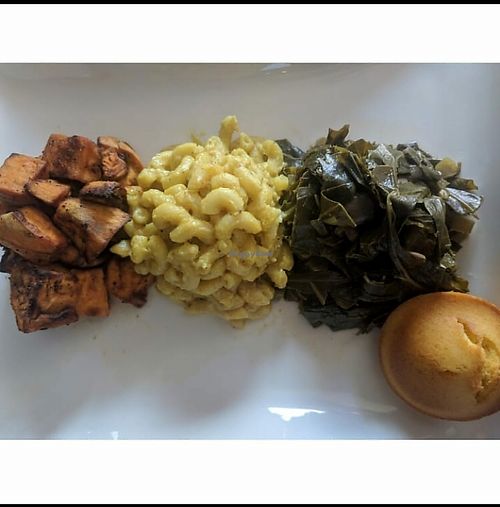 Spiced yams, mac and cheese, collard greens and corn bread  at We Be Grubbin in Bakersfield