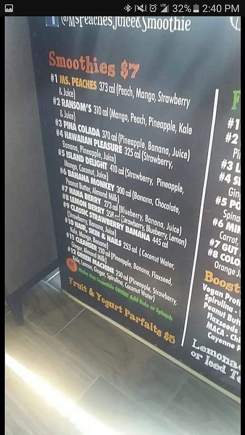 Smoothie menu at Ms. Peaches in Merrillville