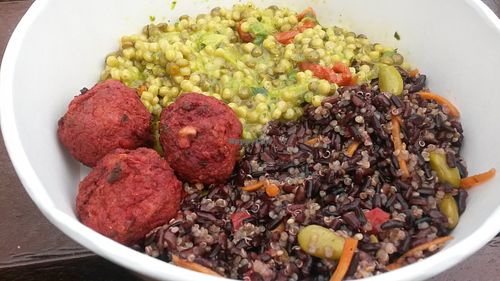 Salad bowl with beetroot falafel balls at Healthy Prep Kitchen in Morpeth