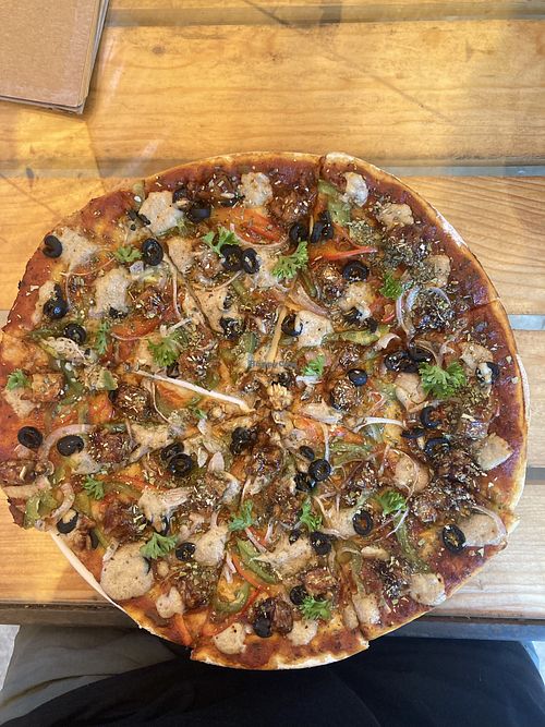 Tempeh pizza, incredible!  at Bean Me Up in Goa