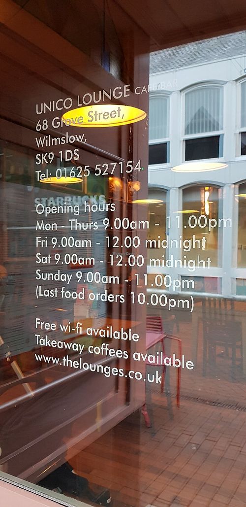 Details as at December 2018 at Unico Lounge  in Wilmslow