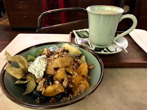 Açai bowl with fresh local fruits & soya latte at Louvre Michaelense in Sao Miguel