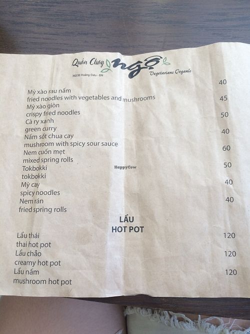 Menu at new location at Quan Chay Ngo in Da Nang