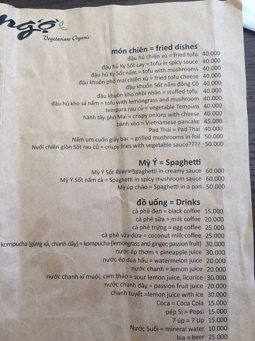 Menu at new location at Quan Chay Ngo in Da Nang