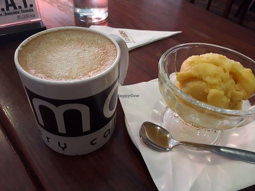 Coffee with soy milk and vegan sorbet at Joma Bakery Cafe in Vientiane