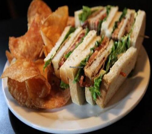 southeast club: 3 slices of sour dough piled high with tofurky, tempeh bacon, tomato, lettuce, avocado and vegenaise at Hungry Tiger in Portland