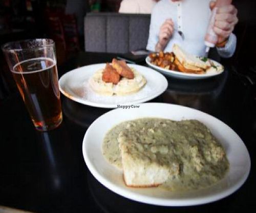 all my favorite things: biscuits & gravy, beer, ridiculous fried food, husband, hot sauce at Hungry Tiger in Portland