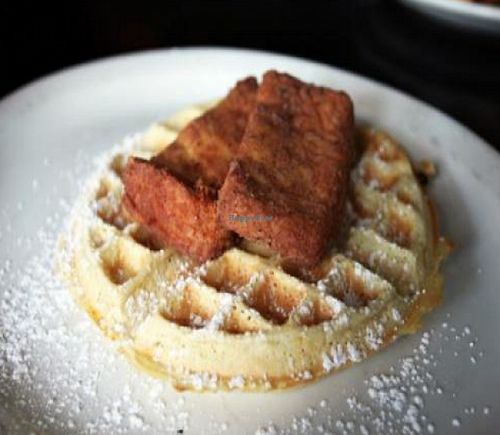 'chicken' and waffles': seasoned chicken-fried tofu served on a delicious waffle at Hungry Tiger in Portland