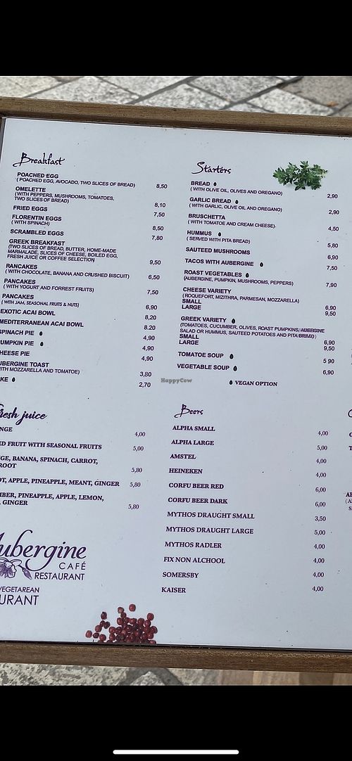 Menu part I at Aubergine Cafe in Corfu