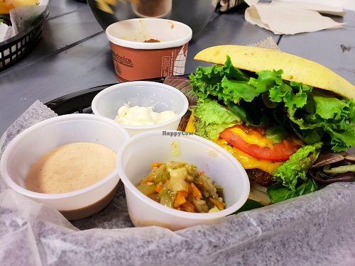 the garden patty on gluten free bun with sides of mayo, meta special sauce and giardiniera. i preferred this veggie patty to meta patty.  — at Meta Burger. at Meta Burger in Denver