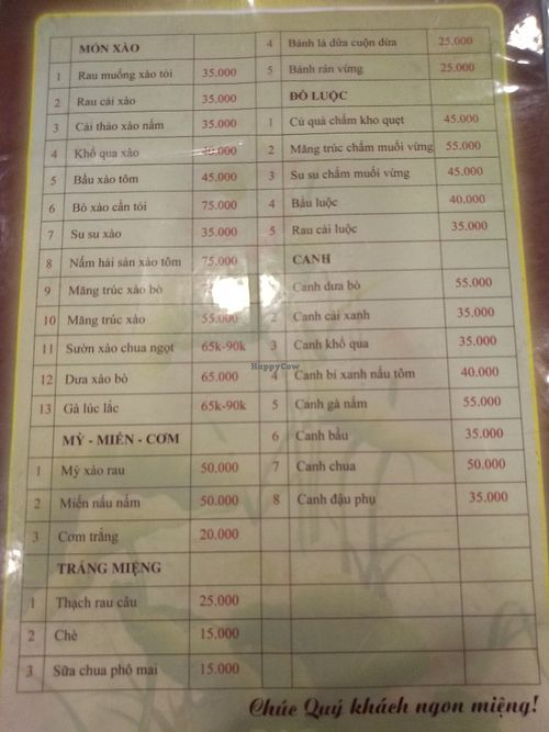 Menu at Dung Anh in Yen Thanh