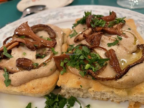 Focaccia bread, mushrooms and mushroom sauce  at Fog Eater Cafe in Mendocino