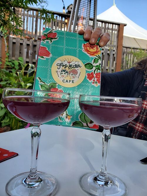 Happy Hour! Peach infused organic red wine. at Fog Eater Cafe in Mendocino