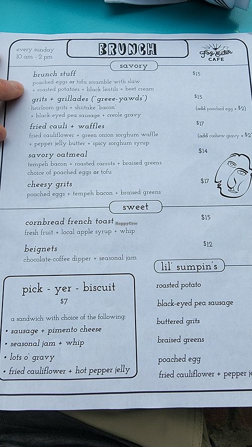 Not 100% vegan. Serve half and half and eggs. Base of everything is supposedly vegan at Fog Eater Cafe in Mendocino
