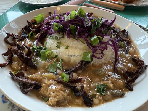 GRITS AND GRILLADES
creole Gravy + oyster mushroom bacon + blackeyed pea sausage  at Fog Eater Cafe in Mendocino