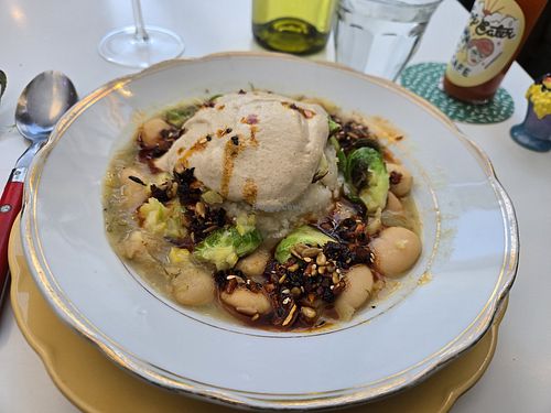Gigante beans and hominy with mushroom cream and braised Brussels sprouts. at Fog Eater Cafe in Mendocino