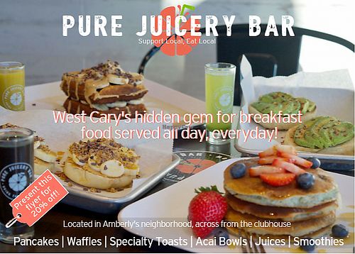 Vegan breakfast items served all day. every day at Pure Juicery Bar in Cary