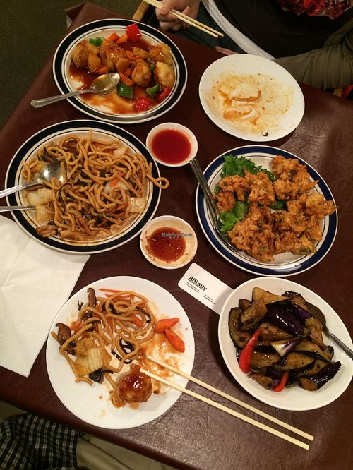 Various menu items. Lots of leftovers for 2 people. Bottom right is Menu Item # 19. Eggplants in Black Bean Sauce. at Affinity Vegetarian Garden in Winnipeg