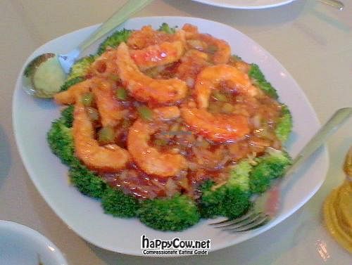 Broccoli prawn with szechuan sauce & chow mein at Delicious Vegetarian Restaurant in Winnipeg