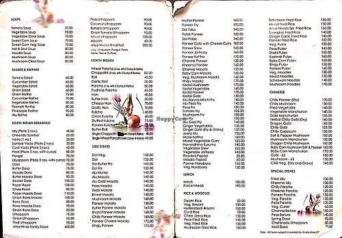 Menu at Arya Nivas in Thiruvananthapuram