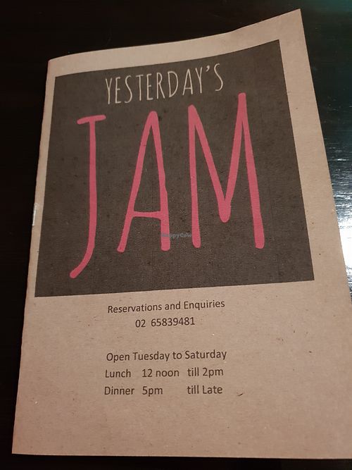 Menu at Yesterday's Jam in Port Macquarie