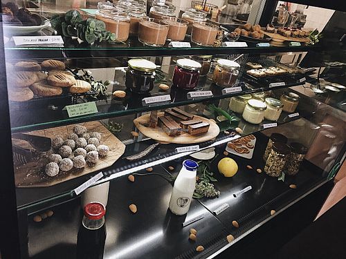 Sweets display at bistro ZDRAVO in Sarajevo