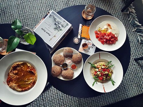 Pumpkin hummus, hummus salad, palenta, wholegrain buns at bistro ZDRAVO in Sarajevo