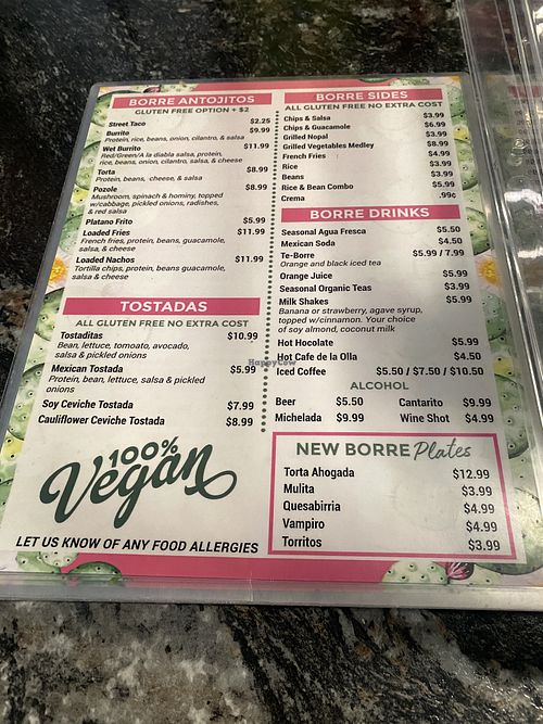 Menu w/100% Vegan and GF Options for Upcharge $2  at Borreguitas in Pomona