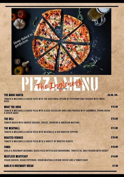 Inglenook Pizza Menu at The Inglenook  in Pagham