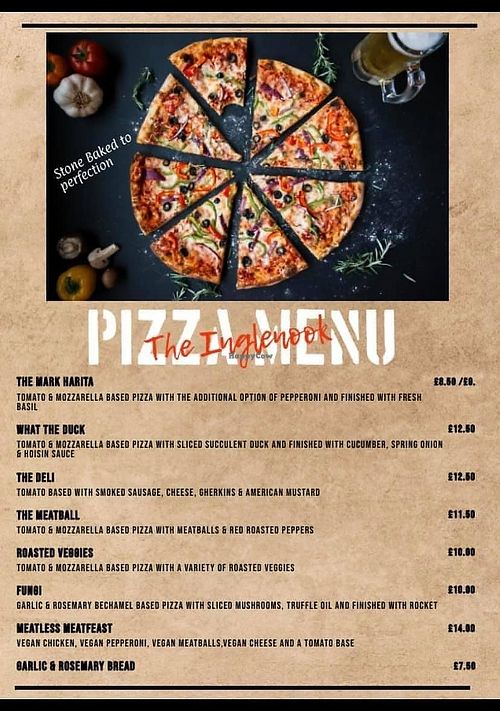 Inglenook Pizza Menu at The Inglenook  in Pagham