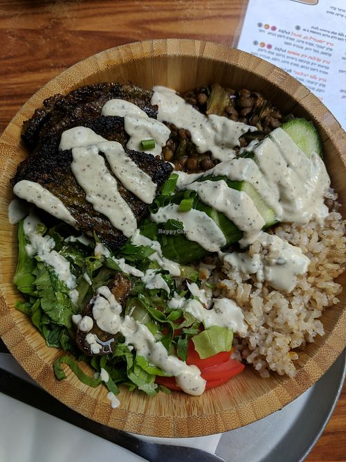 Buddah bowl - salad, stew, grain, and vegetable patty.  Delicious! at I'm Here Because of my Wife - Ani Po Biglal Ishti - אני פה בגלל אשתי in Jerusalem