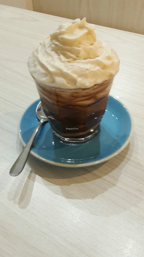 Vegan hot chocolate made with almond milk and rice cream at Pickle & Must Deli in Warwick